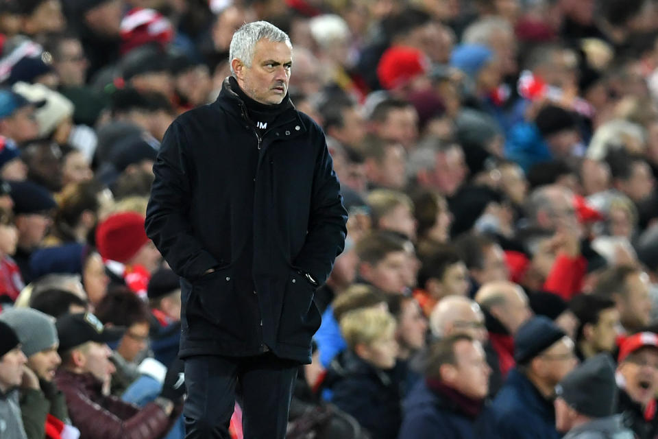 Jose Mourinho’s brooding touchline demeanor this season was a far cry from his early days in England. (Paul Ellis/AFP)