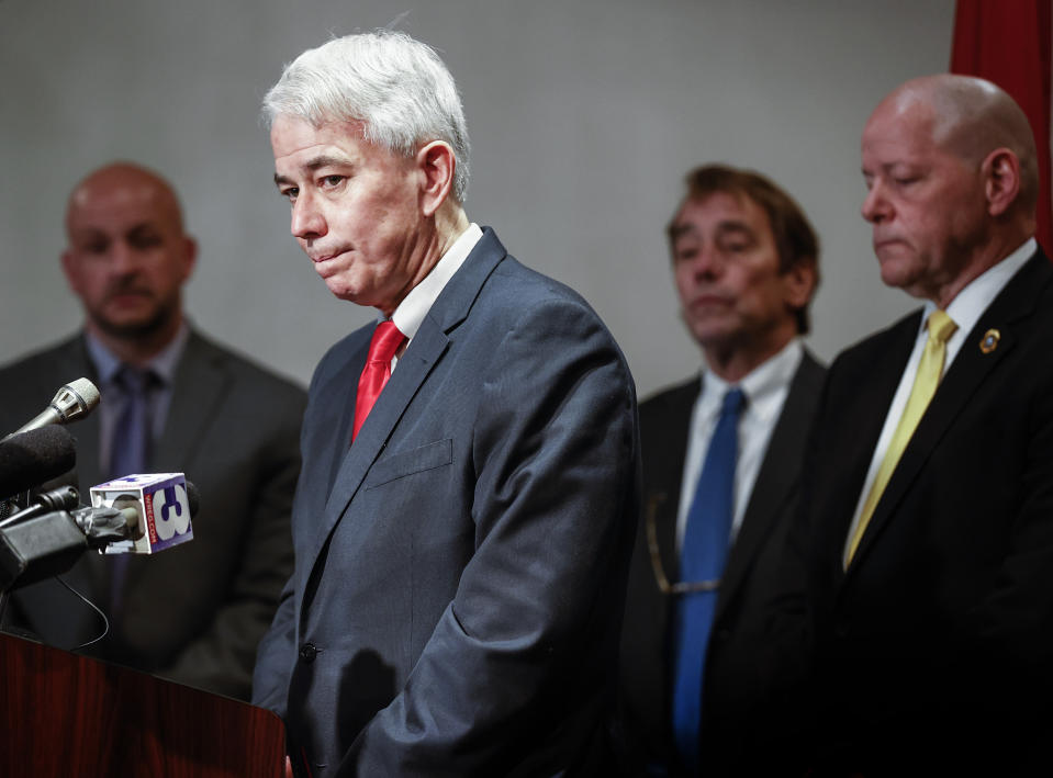 Shelby County District Attorney Steve Mulroy answers questions during a press conference on Thursday, Jan. 26, 2023, after five fired Memphis Police Officers were charged in the murder of Black motorist Tyre Nichols. (Mark Weber/Daily Memphian via AP)