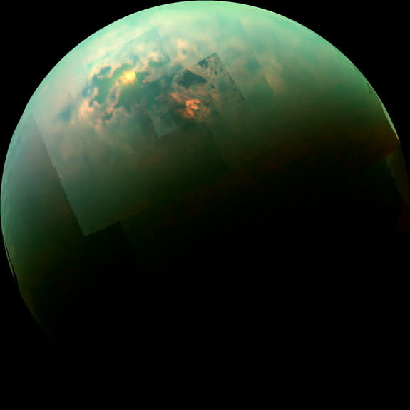 The sun lights up patches of the seas around the northern pole of Saturn's moon, Titan.