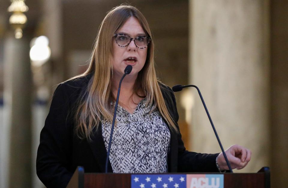 Kit Malone, advocacy strategist for the ACLU of Indiana, speaks at a "Protect Trans Youth" rally Monday, Jan. 24, 2022, at the Indiana Statehouse in Indianapolis. The bill prohibits transgender girls from playing on girls sports teams at the K-12 level. Eight Republicans on the House education committee voted in favor of the bill, which will move next to the House floor. 