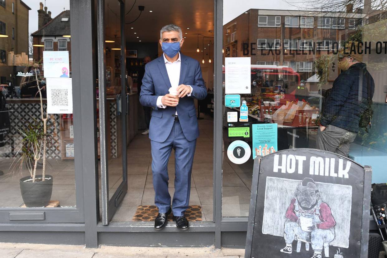 <p>Mayor of London Sadiq Khan at the Hot Milk Cafe in north London</p> (PA)