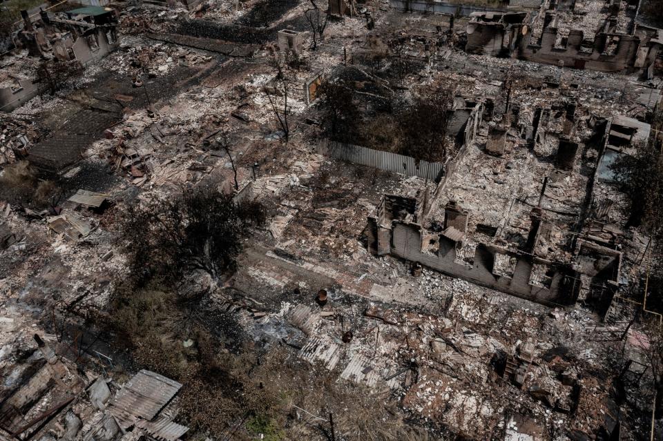 Houses in every block of Donbas’s town Pryvillya are shown reduced to rubble and pillars as Russian attack on the separatist territory has intensified in the last few weeks (AFP via Getty Images)