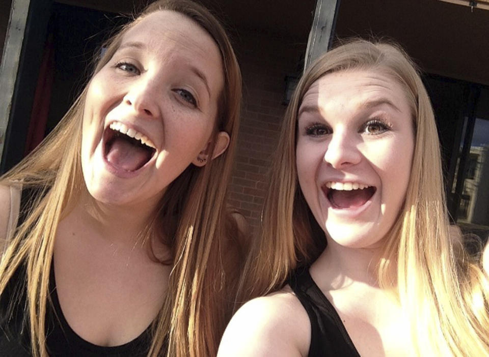 This undated selfie provided by Carly Reilly, left, shows her with Mackenzie Lueck, right. Friends and mourners planned to remember Utah college student Lueck, on Monday night, July 1, 2019, who was missing for nearly two weeks before police arrested a man accused of killing her and burying her charred remains in his backyard. A vigil at the University of Utah will honor Lueck, 23, who has been described as a bubbly, nurturing person who looked after her friends and took care of animals. Lueck disappeared June 17. (Carly Reilly via AP)