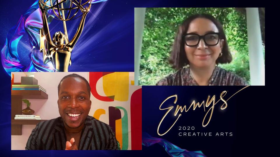 Leslie Odom Jr. presents the Emmy to Maya Rudolph for her "Saturday Night Live" role as Kamala Harris at the 2020 Creative Arts Emmy Awards telecast.