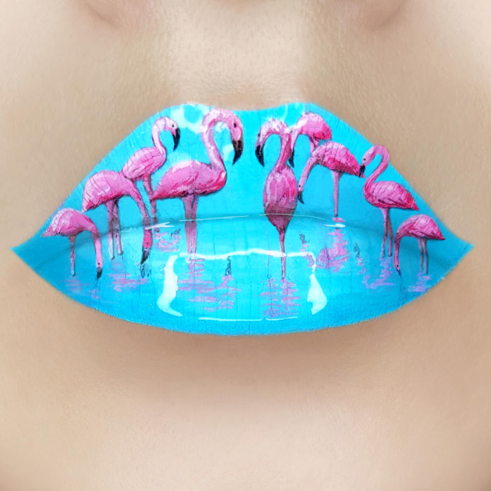 Tutushka's lipstick artwork featuring flamingos. (Photo: Tutushka Matviienko/Caters News)