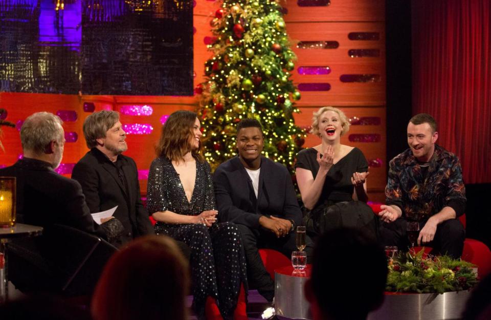 Group shot: Graham Norton with Mark Hamill, Daisy Ridley, John Boyega, Gwendoline Christie and Sam Smith (PA)