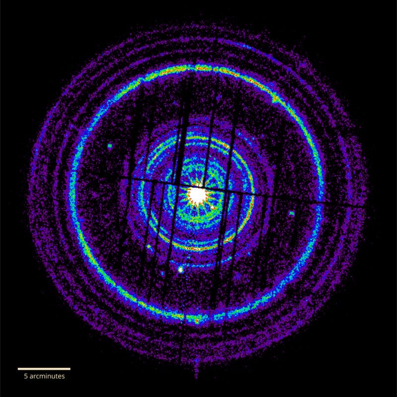 Rings of dust spewed out by the BOAT, as seen by the XMM-Newton Observatory. - Image: <a class="link " href="https://www.nasa.gov/universe/nasa-missions-study-what-may-be-a-1-in-10000-year-gamma-ray-burst/" rel="nofollow noopener" target="_blank" data-ylk="slk:ESA/XMM-Newton/M. Rigoselli (INAF);elm:context_link;itc:0;sec:content-canvas">ESA/XMM-Newton/M. Rigoselli (INAF)</a>