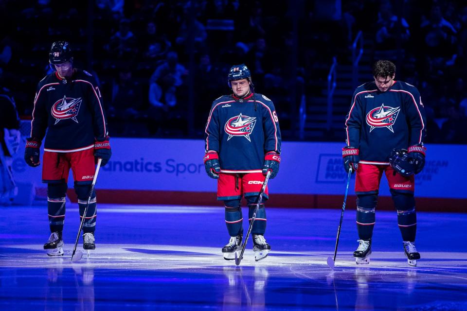 Nov 16, 2023; Columbus, Ohio, USA; Columbus Blue Jackets right wing Trey Fix-Wolansky (64) is announced in the starting lineup during the first period of the NHL hockey game against the Arizona Coyotes at Nationwide Arena.
