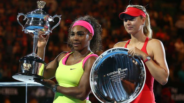Serena and Sharapova at the 2015 Australian Open. Image: Getty