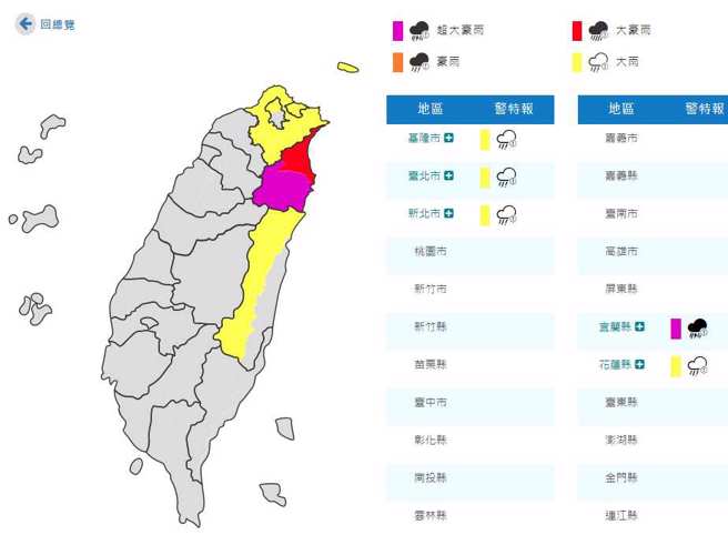 象局發布5縣市豪大雨特報。（翻攝自氣象局）