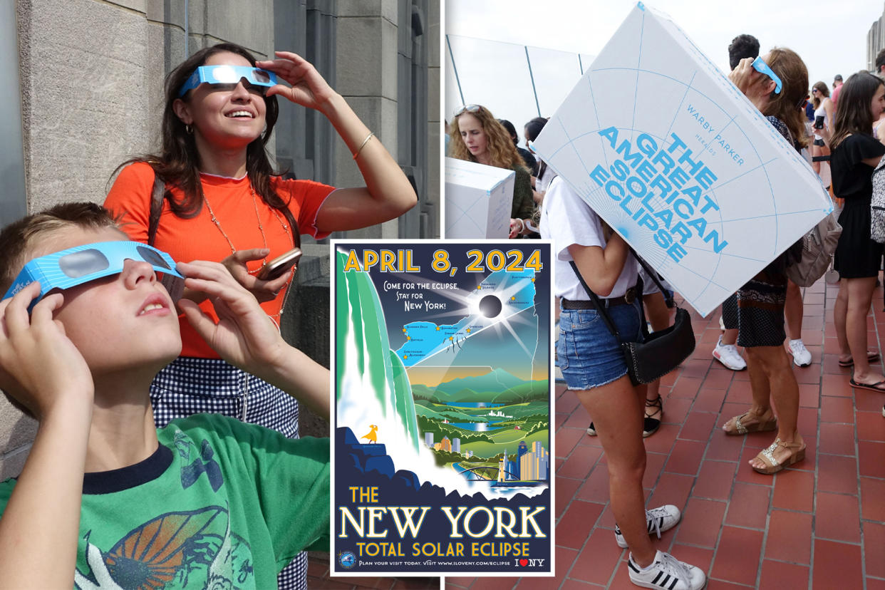 People wearing solar eclipse glasses.