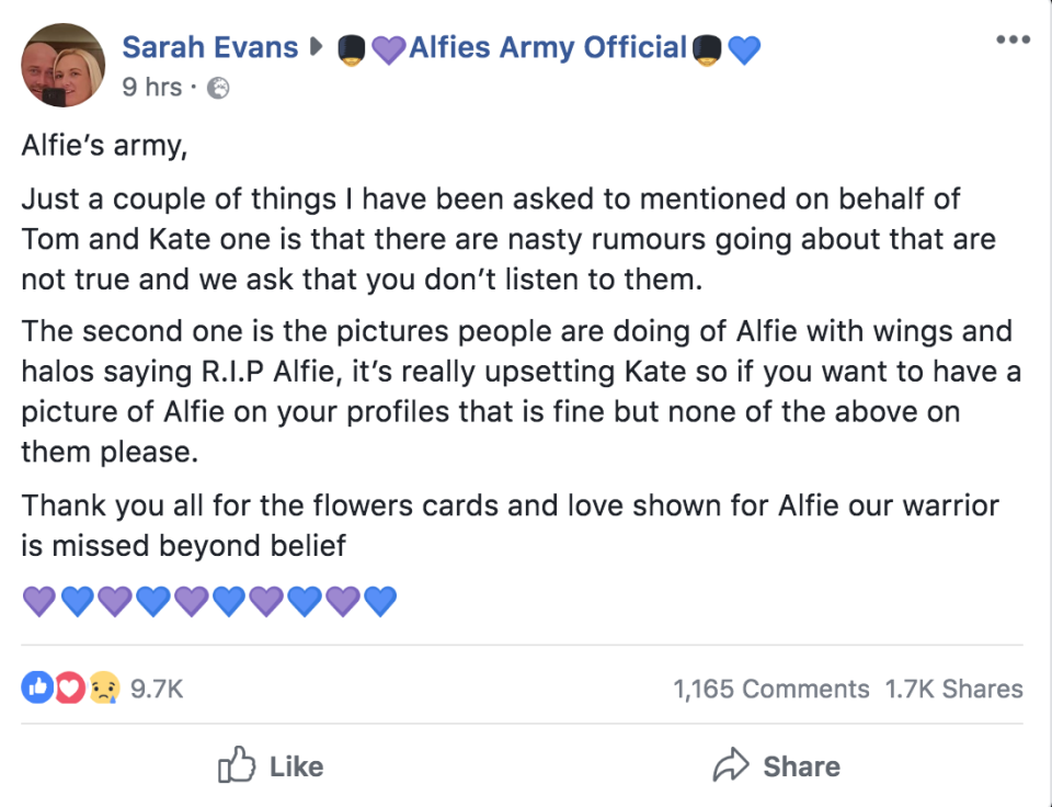 <em>Plea – the message was written by Alfie’s aunt Sarah Evans to the Alfies Army Facebook group (Picture: Facebook)</em>