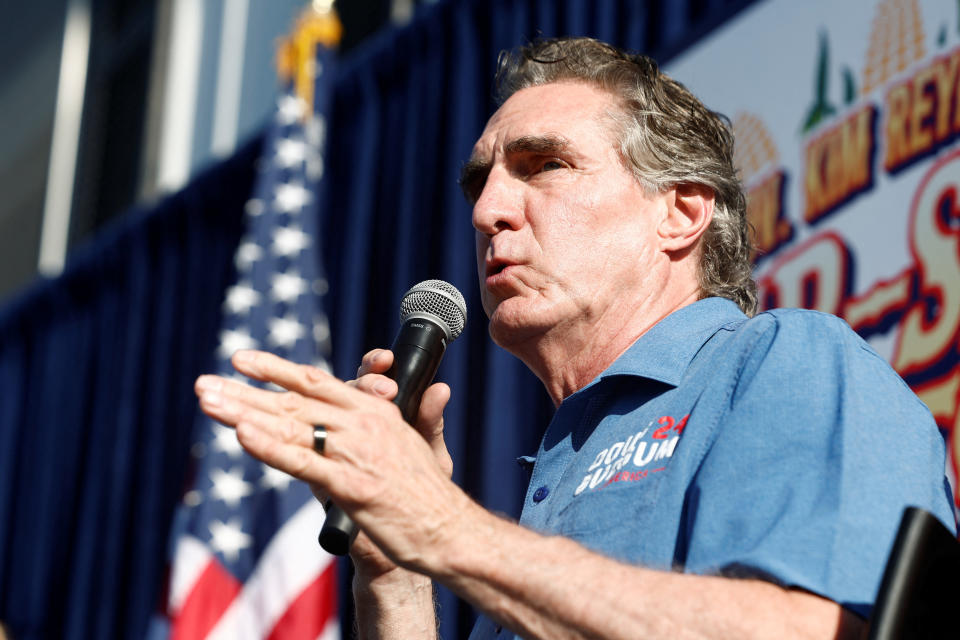 Republican U.S. presidential candidate and North Dakota Governor Doug Burgum speaks during Fair-Side Chat with Governor of Iowa Kim Reynolds (not pictured), at the Iowa State Fair in Des Moines, Iowa, U.S., August 11, 2023. REUTERS/Evelyn Hockstein