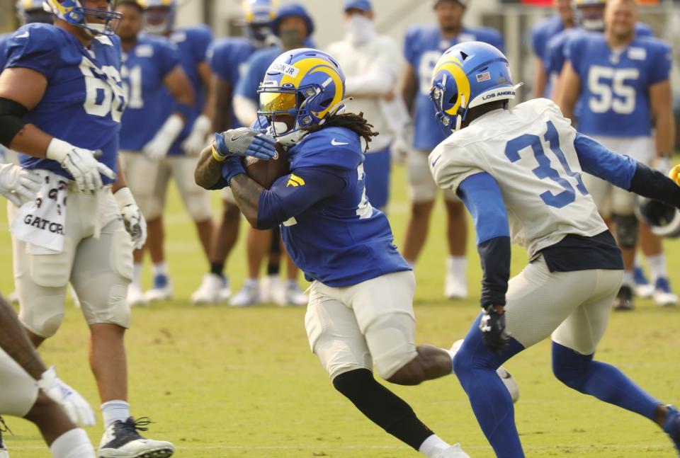 Darrell Henderson practices with the Rams on Aug. 18 in Thousand Oaks.