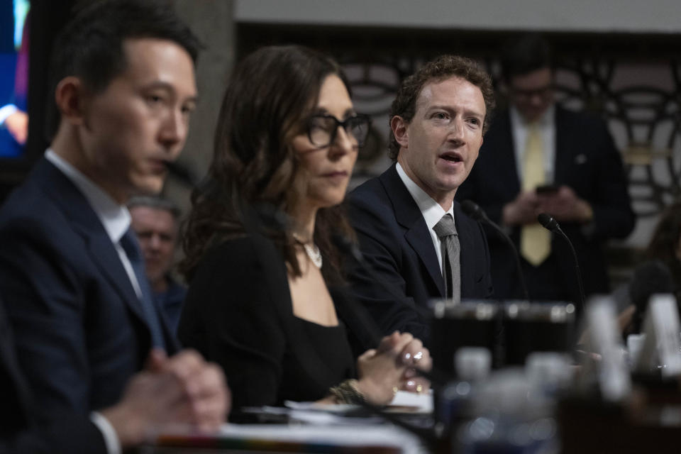 Meta CEO Mark Zuckerberg, right, with fellow witnesses from left, TikTok CEO Shou Zi Chew and X CEO Linda Yaccarino, testifies during a Senate Judiciary Committee hearing on Capitol Hill in Washington, Wednesday, Jan. 31, 2024, to discuss child safety. (AP Photo/Manuel Balce Ceneta)