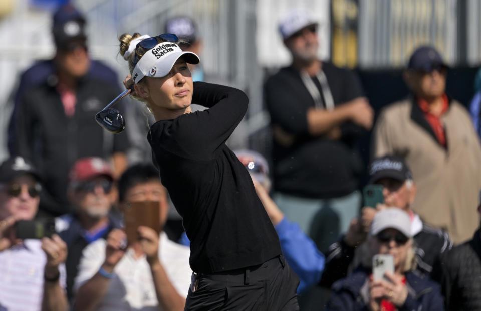 Nelly Korda hits her tee shot on the first hole during the final round of the LPGA Drive On Championship golf tournament at Bradenton Country Club, Sunday, Jan. 28, 2024, in Bradenton, Fla. (AP Photo/Steve Nesius)