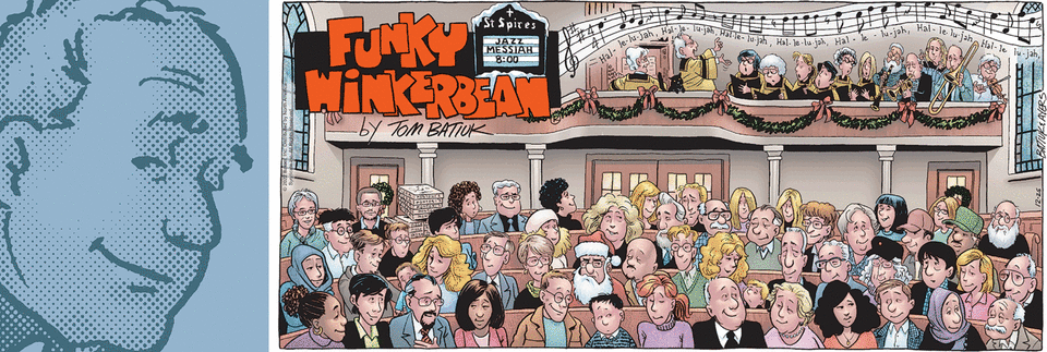 “Funky Winkerbean” characters gather for the final Sunday strip on Dec. 25, 2022. Artists Tom Batiuk and Chuck Ayers are visible at right in the second and third rows. Batiuk's wife, Cathy, and son, Brian, are in the back row at left.