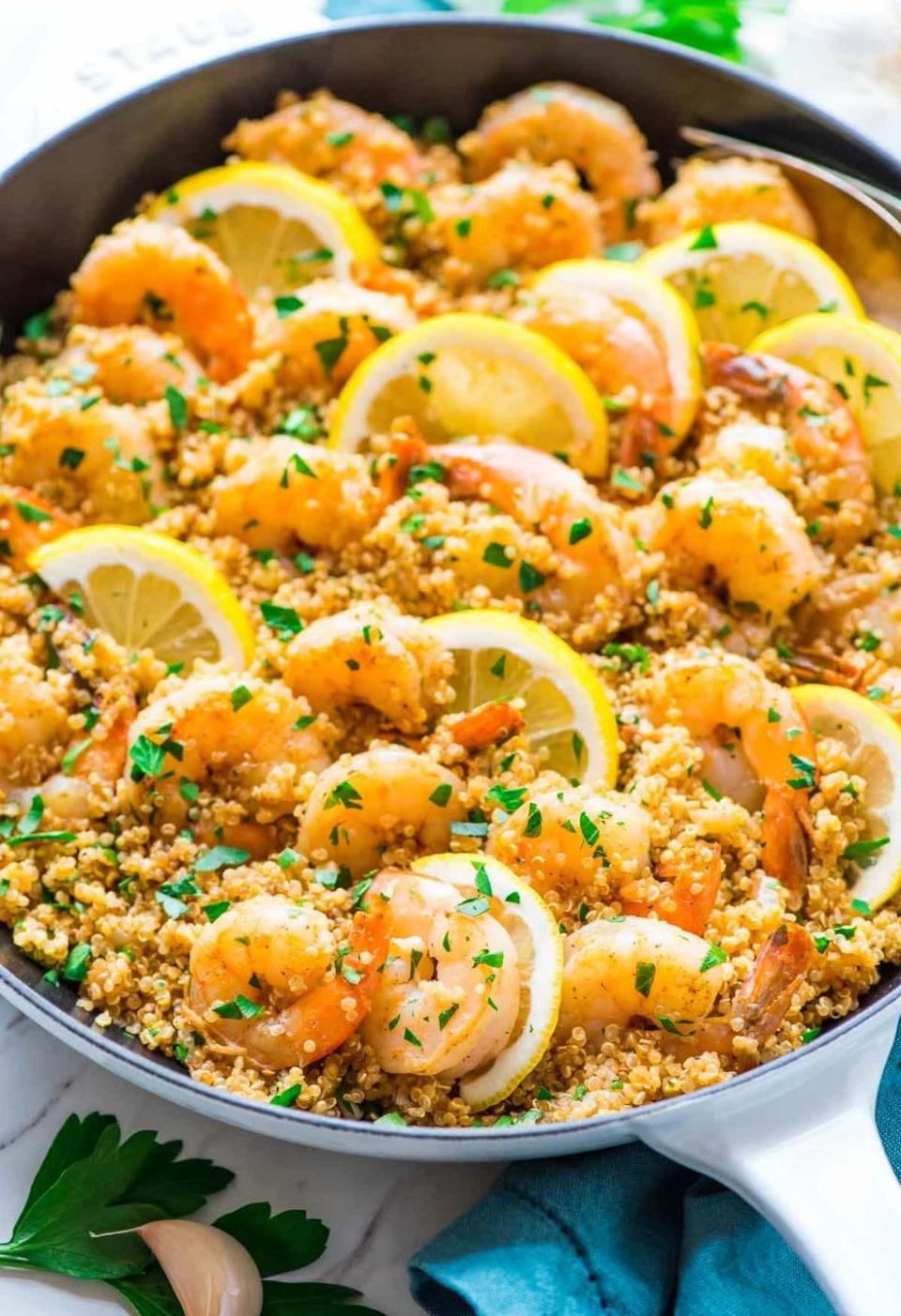 high protein meal, garlic shrimp with quinoa