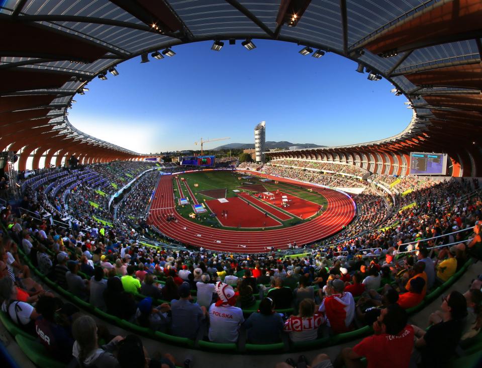 Fans fill the stands for the World Athletics Championships at Hayward Field in Eugene, Oregon Friday July 22, 2022.