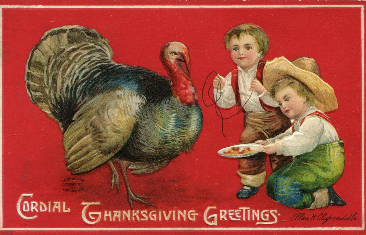 Turkeys have always been a fixture in the holiday's marketing. <a href="https://www.gettyimages.com/detail/news-photo/penny-postcard-to-convey-happy-thanksgiving-wishes-from-a-news-photo/550151625?phrase=painting%20turkey&adppopup=true" rel="nofollow noopener" target="_blank" data-ylk="slk:Transcendental Graphics/Getty Images;elm:context_link;itc:0;sec:content-canvas" class="link ">Transcendental Graphics/Getty Images</a>