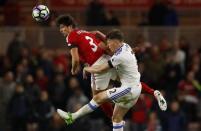 Britain Soccer Football - Middlesbrough v Sunderland - Premier League - The Riverside Stadium - 26/4/17 Middlesbrough's George Friend and Sunderland's Billy Jones challenge for a ball in the air Reuters / Phil Noble Livepic
