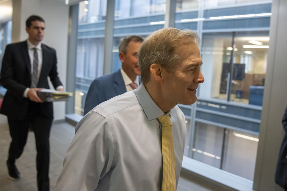 Rep. Jim Jordan, R-Ohio, arrives to hear for U.S. Attorney David Weiss in an interview before members of the House Judiciary Committee, Tuesday, Nov. 7, 2023, in Washington. The special counsel overseeing the Hunter Biden investigation is testifying behind closed doors as a GOP probe into the Justice Department's handling of the case continues to unfold. (AP Photo/Alex Brandon)