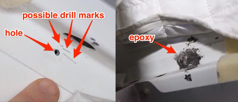 Space station leak hole drill marks epoxy resin glue hole fixed nasa labelled