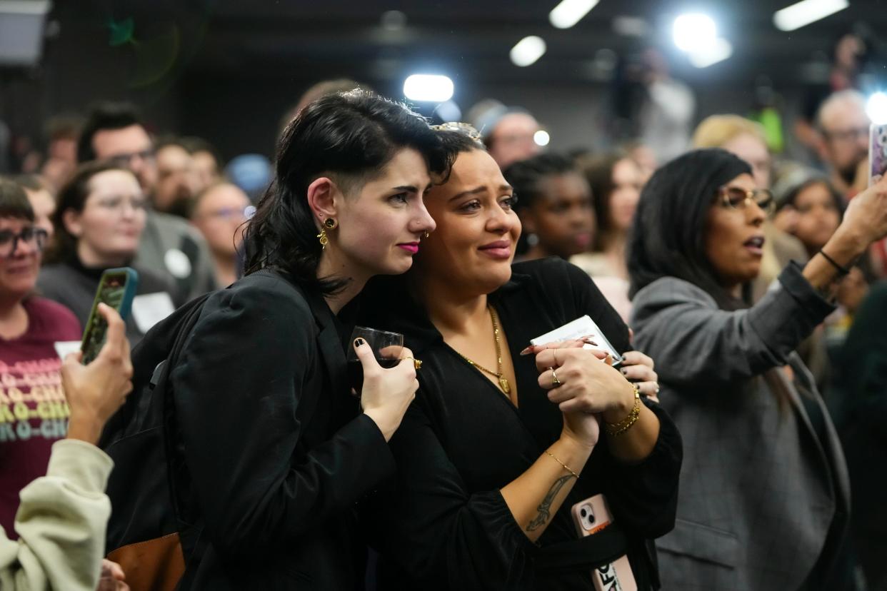 Mason Hickman, left, and Jordyn Close of the Ohio Women’s Alliance react during a gathering for supporters of Issue 1 at the Hyatt Regency Downtown. The issue establishes a constitutional right to abortion.