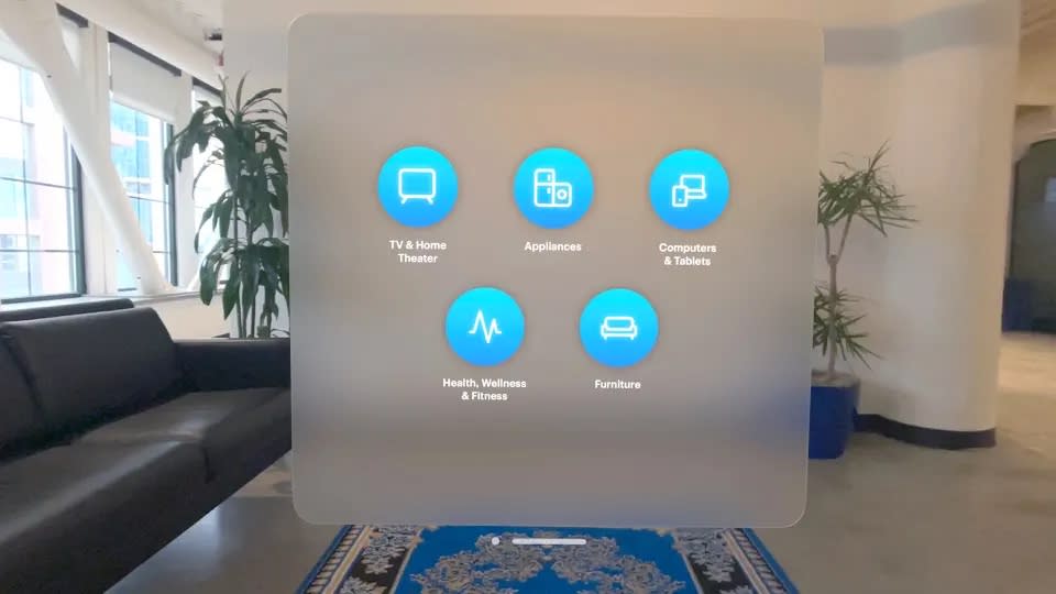 Screenshots from Best Buy's new shopping app for the Vision Pro.