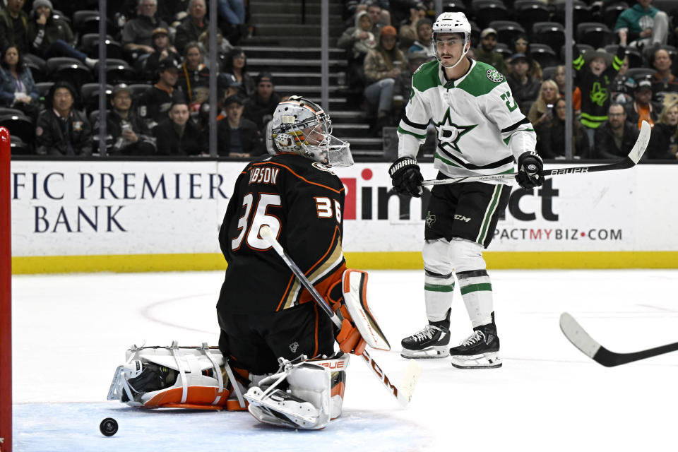 Dallas Stars left wing Mason Marchment (27) scores against Anaheim Ducks goaltender John Gibson (36) during the second period of an NHL hockey game Friday, March 8, 2024, in Anaheim, Calif. (AP Photo/Alex Gallardo)