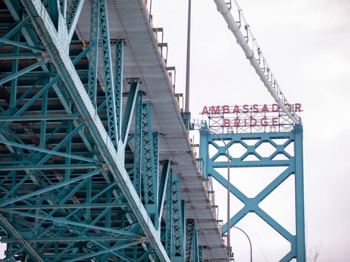 The Ambassador Bridge in Detroit on Monday, Feb. 7, 2022. Canadian lawmakers expressed increasing worry about the economic effects of disruptive demonstrations after the busiest border crossing between the U.S. and Canada became partially blocked by truckers protesting vaccine mandates and other COVID-19 restrictions.  (Annie Barker/Detroit Free Press via AP - image credit)