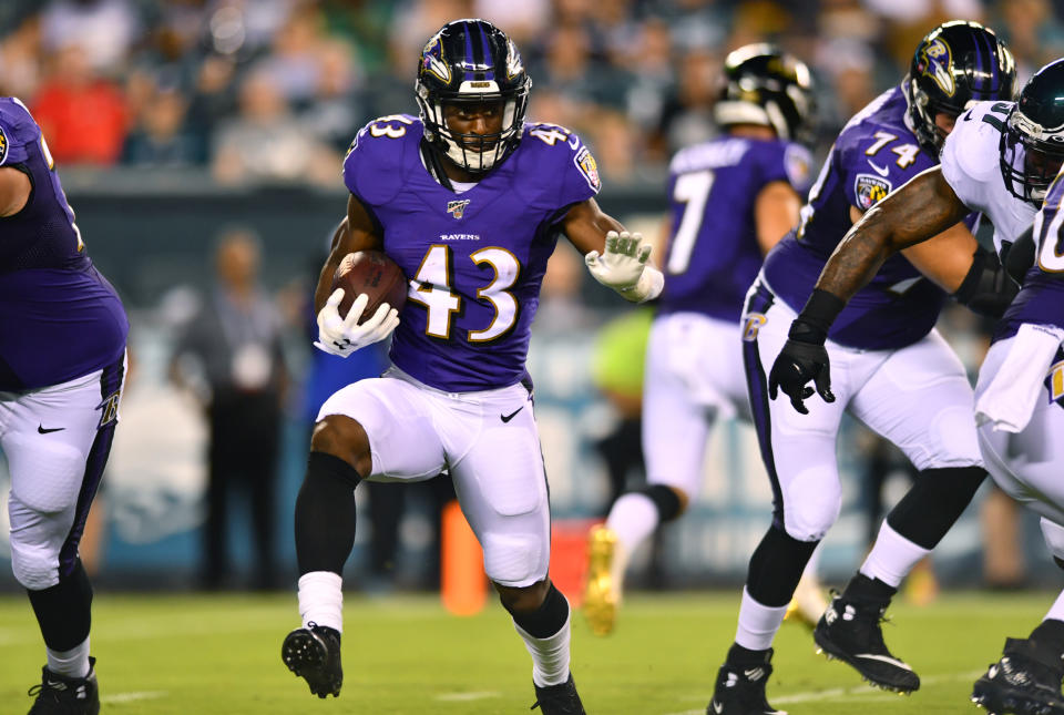 PHILADELPHIA, PA - AUGUST 22: Ravens RB Justice Hill (43) carries the ball in the first half during the Preseason game between the Baltimore Ravens and Philadelphia Eagles on August 22, 2019 at Lincoln Financial Field in Philadelphia, PA. (Photo by Kyle Ross/Icon Sportswire via Getty Images)