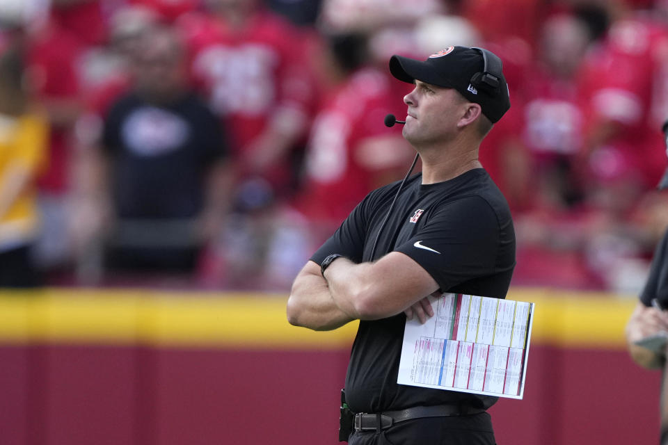 Cincinnati Bengals head coach Zac Taylor watches from the sidelines during the first half of an NFL football game against the Kansas City Chiefs Sunday, Sept. 15, 2024, in Kansas City, Mo. (AP Photo/Charlie Riedel)