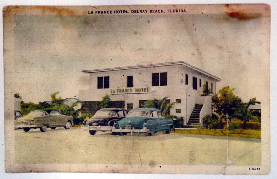 A copy of an undated post card of the La France Hotel. The hotel was built in 1949 and was one of the only places available for traveling Blacks, seasonal labor and A.A. musicians and entertainers who performed in the city during the '50s and '60s.