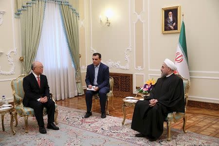 International Atomic Energy Agency (IAEA) Director General Yukiya Amano (L) meets Iran's President Hassan Rouhani (R) in Tehran, September 20, 2015. REUTERS/President.ir/Handout