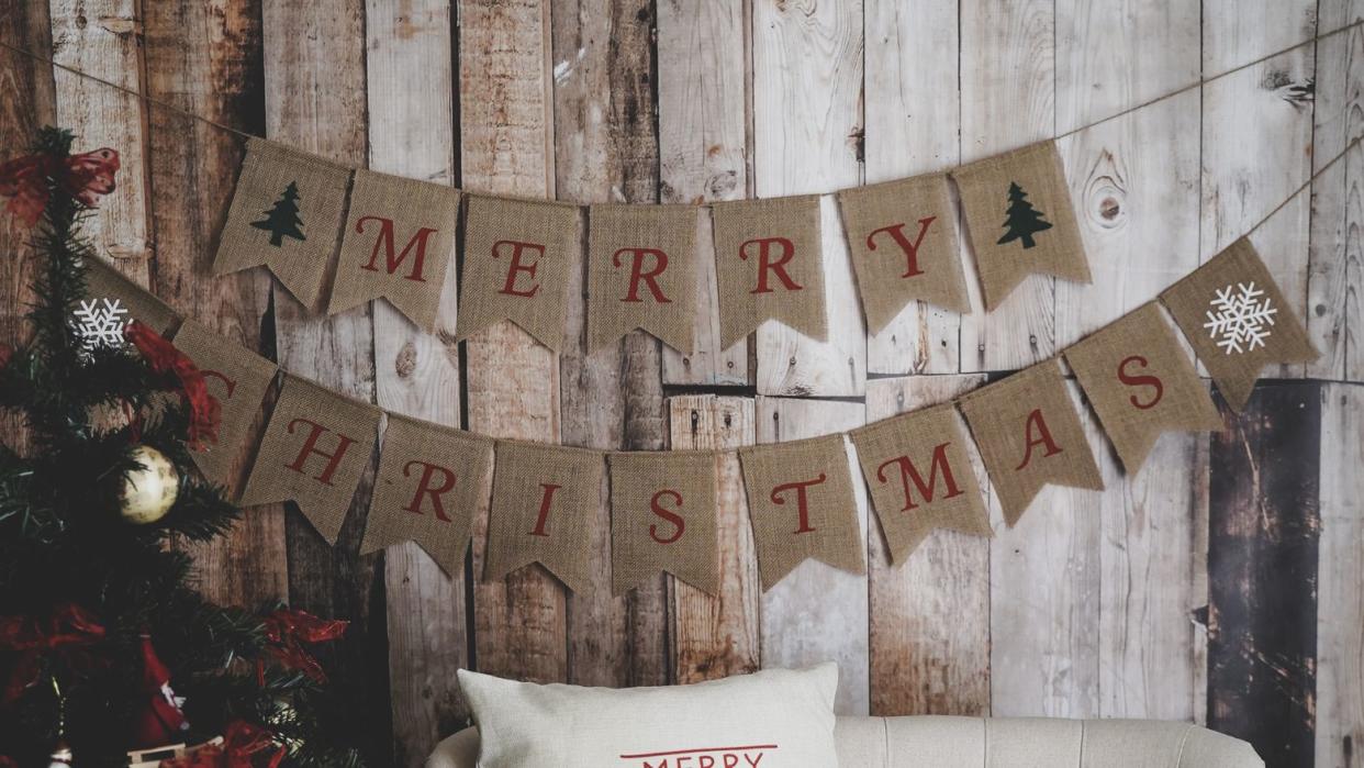 christmas decoration set with christmas tree, small sofa and christmas decoration