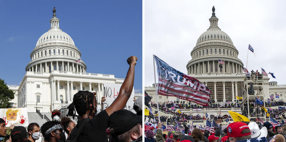 In this combination of photos, demonstrators, left, protest June 4, 2020, in front of the U.S. Capitol in Washington, over the death of George Floyd and on Jan. 6, 2021, supporters of President Donald Trump rally at same location. Some charged in the Jan. 6 riot at the U.S. Capitol as well as their Republican allies claim the Justice Department is treating them harshly because of their political views. They also say those arrested during last year’s protests over racial injustice were given leniency. Court records tell a different story. An Associated Press review of court documents in more than 300 federal cases stemming from the protests sparked by George Floyd’s death last year shows that dozens of people charged have been convicted of serious crimes and sent to prison. (AP Photos)