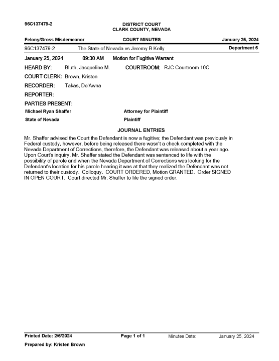 <em>Judge Jacqueline Bluth issued a warrant for Kelly’s arrest on Jan. 25, records said. (Clark County District Court/KLAS)</em>