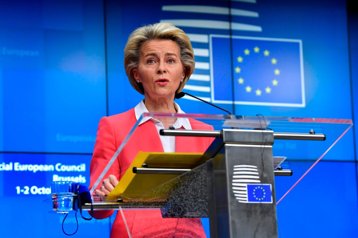 European Commission President Ursula von der Leyen speaking after a meeting of EU leaders in Brussels (AP)