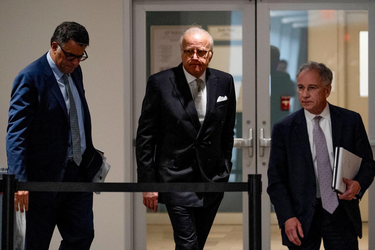 James Biden, the brother of President Joe Biden, center, and Attorney Paul Fishman, right, walk back into a private interview with House Republicans following a break at Thomas P. O'Neill House Office Building on Capitol Hill in Washington, Wednesday, Feb. 21, 2024.