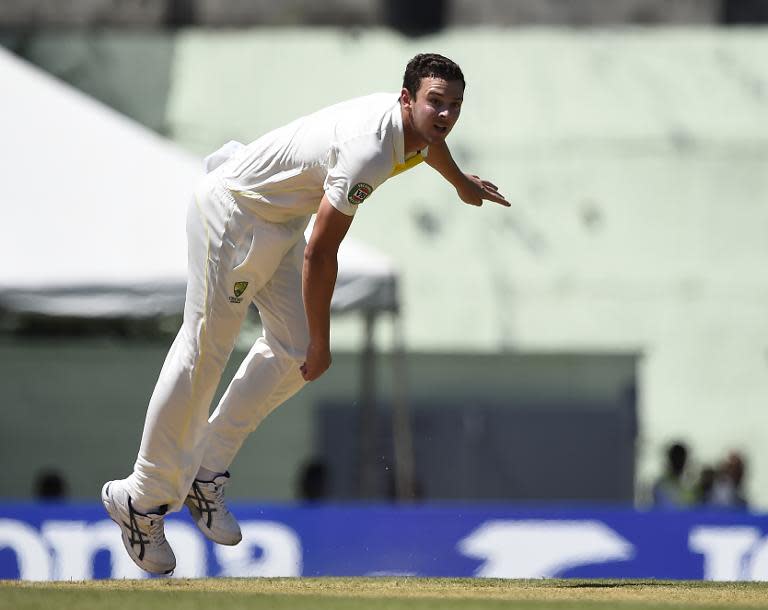 Josh Hazlewood bowls during play on the first day of the first cricket Test match between Australia and the West Indies on June 3, 2015 in Roseau