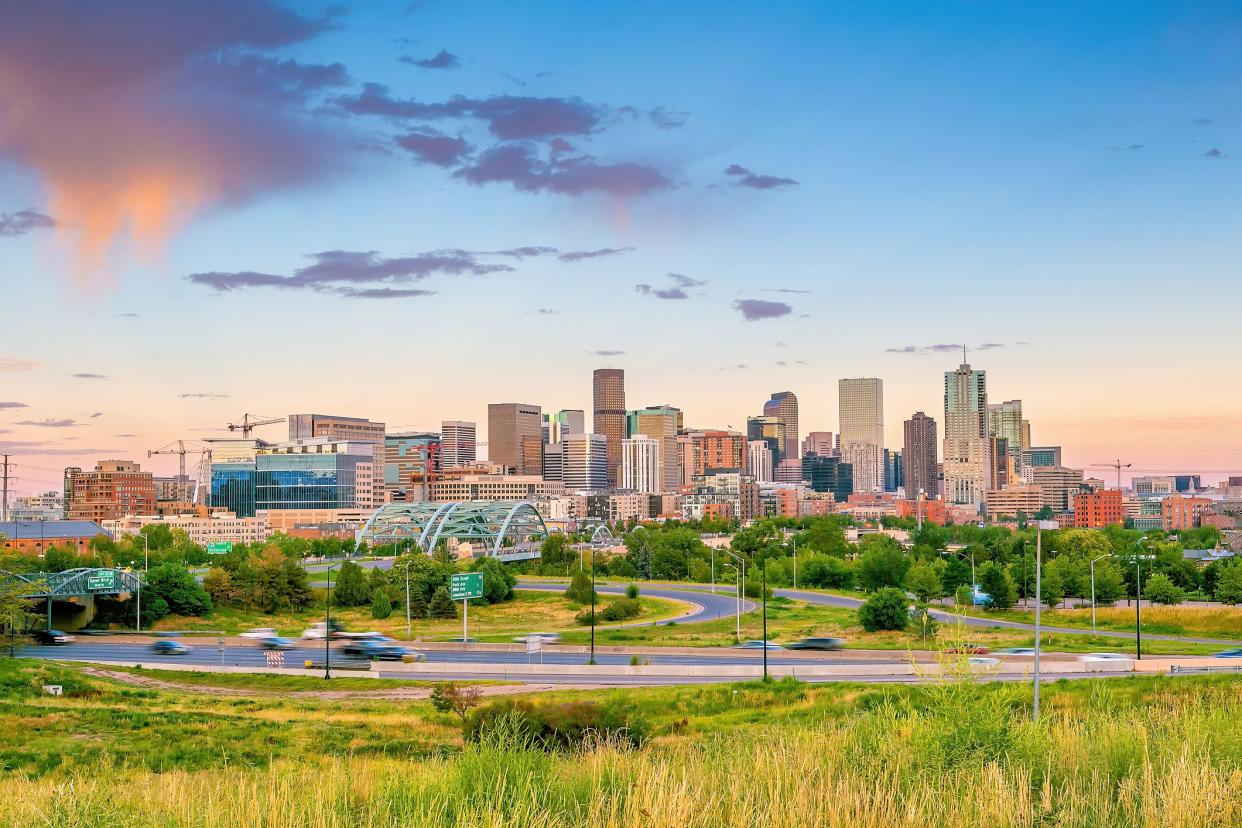 Denver downtown city skyline, cityscape of Colorado in USA at sunset