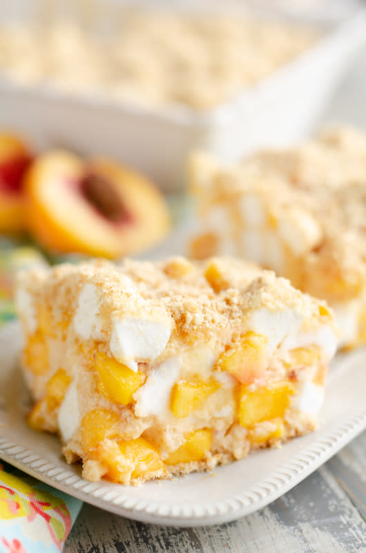 <p><strong>Marshmallow Peach Icebox Dessert</strong></p><p>Get the recipe <a href="https://www.thecreativebite.com/marshmallow-peach-icebox-dessert/" rel="nofollow noopener" target="_blank" data-ylk="slk:here;elm:context_link;itc:0;sec:content-canvas" class="link "><em><strong>here</strong></em></a></p>