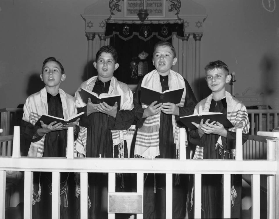1946: The Congregation Ahavath Shomom will celebrate the Jewish new year, Rosh Hashanah, with chant services on Thursday and Friday, September 26 and 27. In charge of the services is Cantor Abraham Friedman. Soloists who will appear in special choir is organized for the services. Left to right, Jay Weinstein, Gary Luskey, Abraham Cohen and Joseph Weinberg.