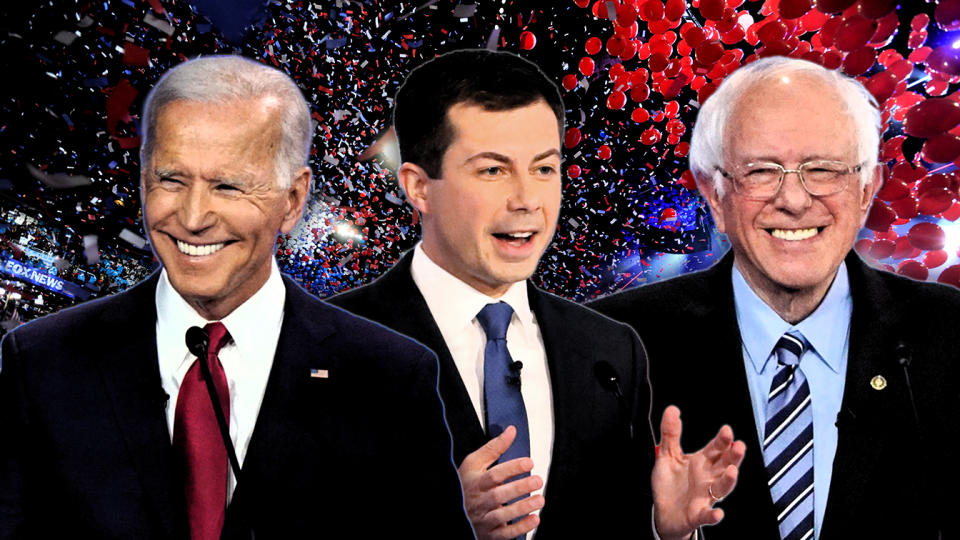 Joe Biden, Pete Buttigieg and Bernie Sanders. (Photo illustration: Yahoo News; Photos: AP (3), Dennis Van Tine/STAR MAX/IPx via AP)