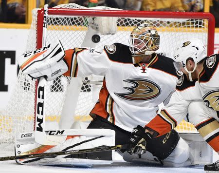 May 22, 2017; Nashville, TN, USA; Anaheim Ducks goalie Jonathan Bernier (1) allows the game winning goal to Nashville Predators center Colton Sissons (not pictured) during the third period in game six of the Western Conference Final of the 2017 Stanley Cup Playoffs at Bridgestone Arena. Mandatory Credit: Christopher Hanewinckel-USA TODAY Sports