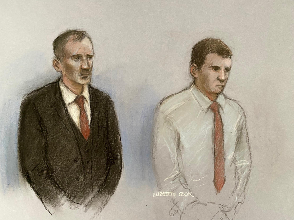 Court artist sketch of Daniel Graham, 38, (left) and Adam Carruthers, 31, appearing in the dock at Newcastle Magistrates' Court in May. (PA)

