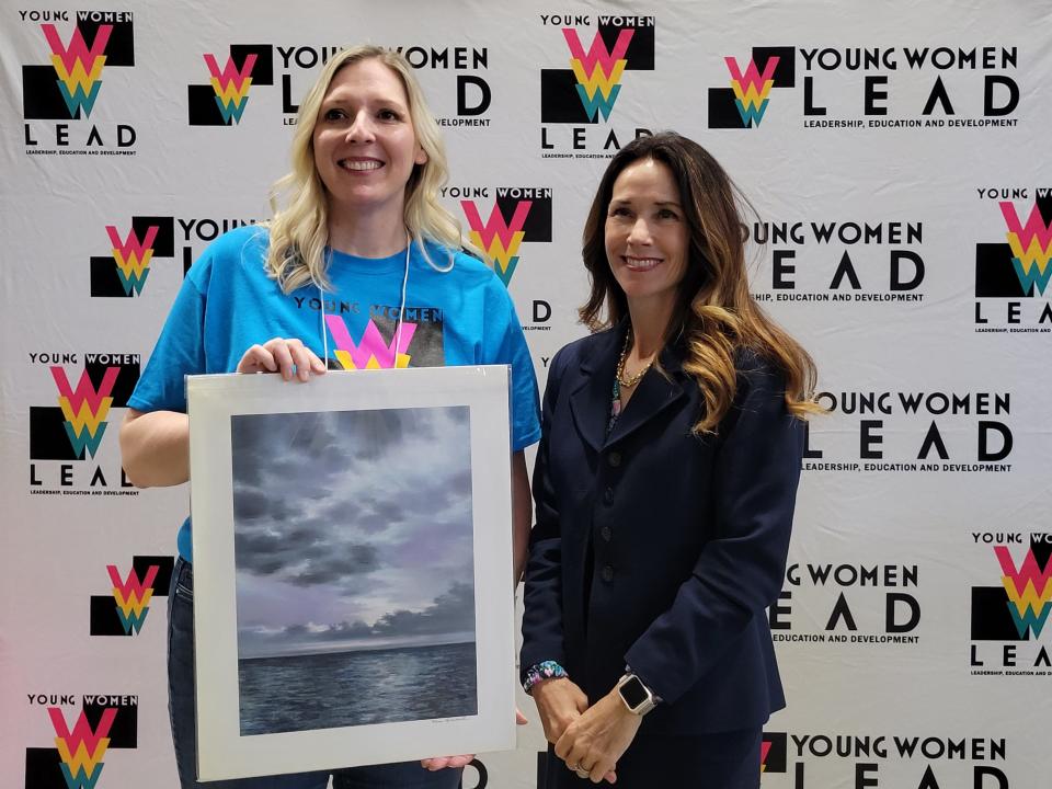 Emily Rockwell meets Second Lady of Ohio Tina Husted on March 21 at Ohio’s inaugural Young Women Lead Conference at the Liberty Aviation Museum.