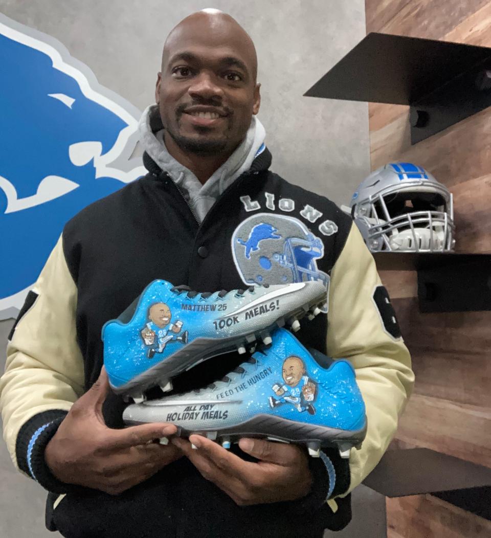 Detroit Lions running back Adrian Peterson will wear a special pair of cleats during the Thanksgiving Day game highlighting his 100,000 meals effort and decorated with his one of his favorite Bible verses, Matthew 25:35-40.