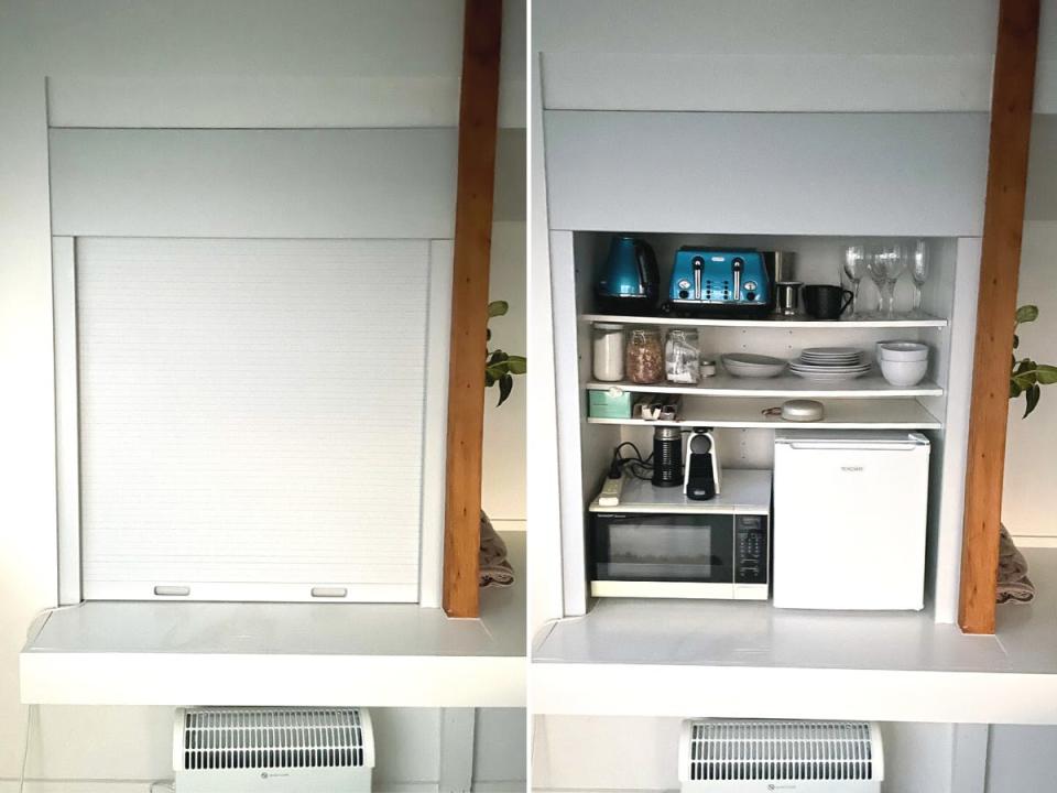 Side-by-side images of the Airbnb's cabinet opened and closed.